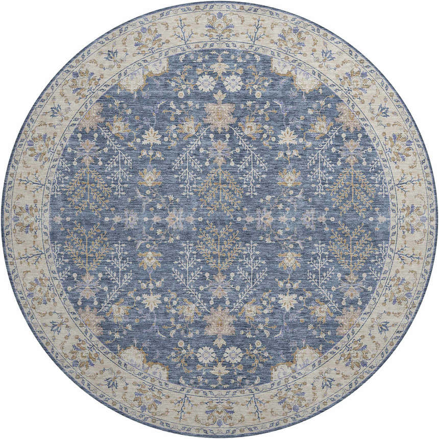 Round Dalyn Luxury Hatay HY9 Blue Washable Area Rug with a traditional floral pattern in beige, gold, and navy.