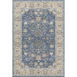 Dalyn Luxury Hatay HY9 Blue Washable Area Rug with a traditional floral design in beige, gold, and navy. Farmhouse style rug.
