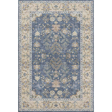 Dalyn Luxury Hatay HY9 Blue Washable Area Rug with a traditional floral design in beige, gold, and navy. Farmhouse style rug.