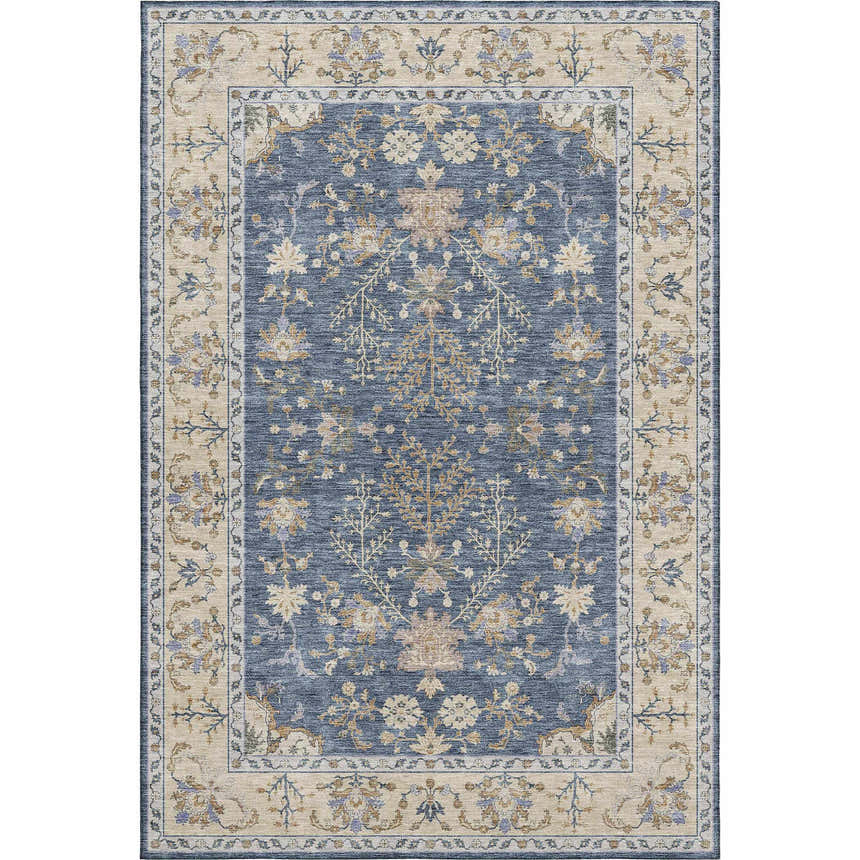 Dalyn Luxury Hatay HY9 Blue Washable Area Rug with a traditional floral design in beige, gold, and navy. Farmhouse style rug.