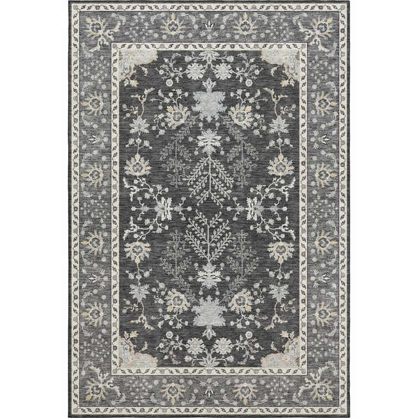 Close-up of the Dalyn Luxury Hatay HY9 Charcoal Washable Area Rug. Features a traditional floral pattern in charcoal, silver gray, and taupe.