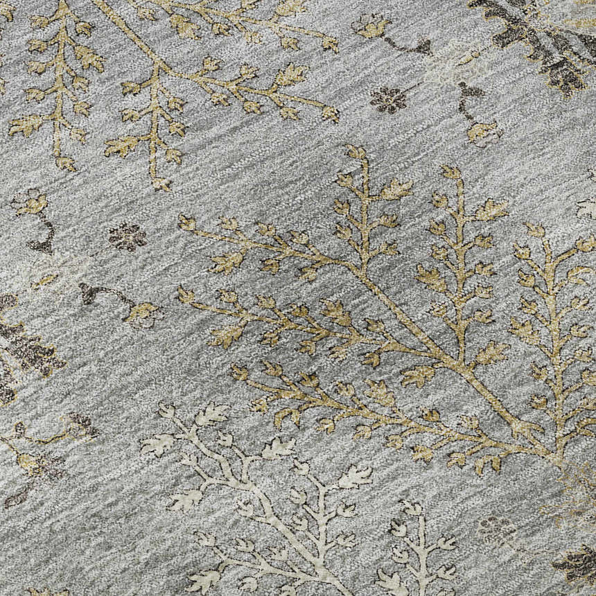 Close-up of Dalyn Luxury Hatay HY9 Gray Washable Area Rug with chestnut, gold, and silver gray floral branch pattern.