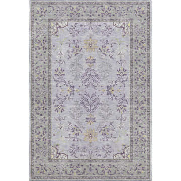 Close-up of the Dalyn Luxury Hatay HY9 Lavender Washable Area Rug, featuring gold, purple, and taupe floral traditional pattern.