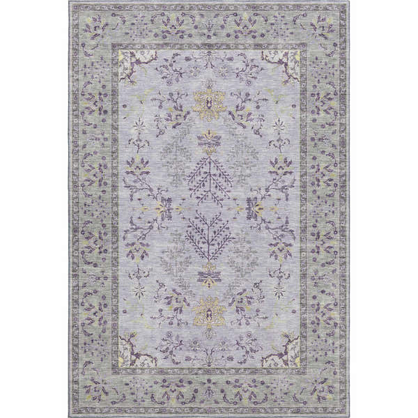 Close-up of the Dalyn Luxury Hatay HY9 Lavender Washable Area Rug, featuring gold, purple, and taupe floral traditional pattern.