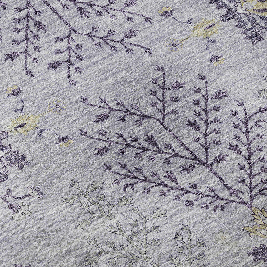 Close-up of the Dalyn Luxury Hatay HY9 Lavender Washable Area Rug. Features a traditional floral pattern in purple, gold, and taupe.