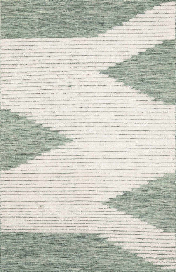 Close-up of the Igcocolo Sage Green High-Low Wool Carpet, featuring a geometric cream and sage pattern and a textured, hand-woven design. Design-Rectangle