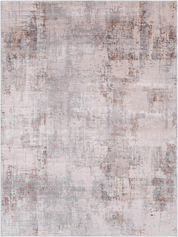 Close-up of the Ironwood Textured Luxe Rug. Abstract pattern in charcoal, gray, light gray, medium brown, and taupe. Design-Rectangle