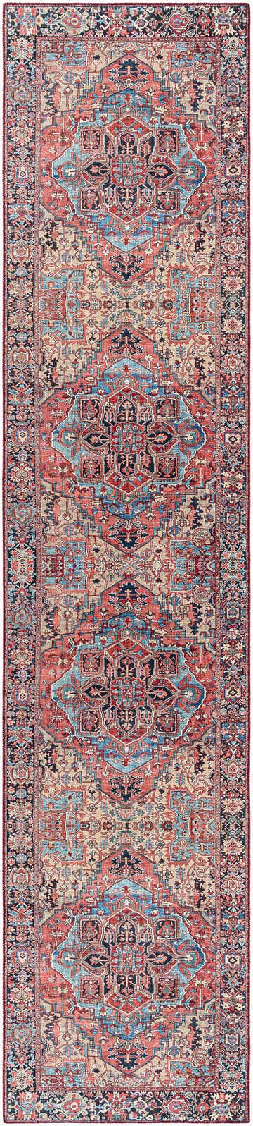 Detailed view of a Livabliss Iris IRS-2330 runner rug. Traditional design with beige, red, navy, and teal colors. Design-Runner-2712