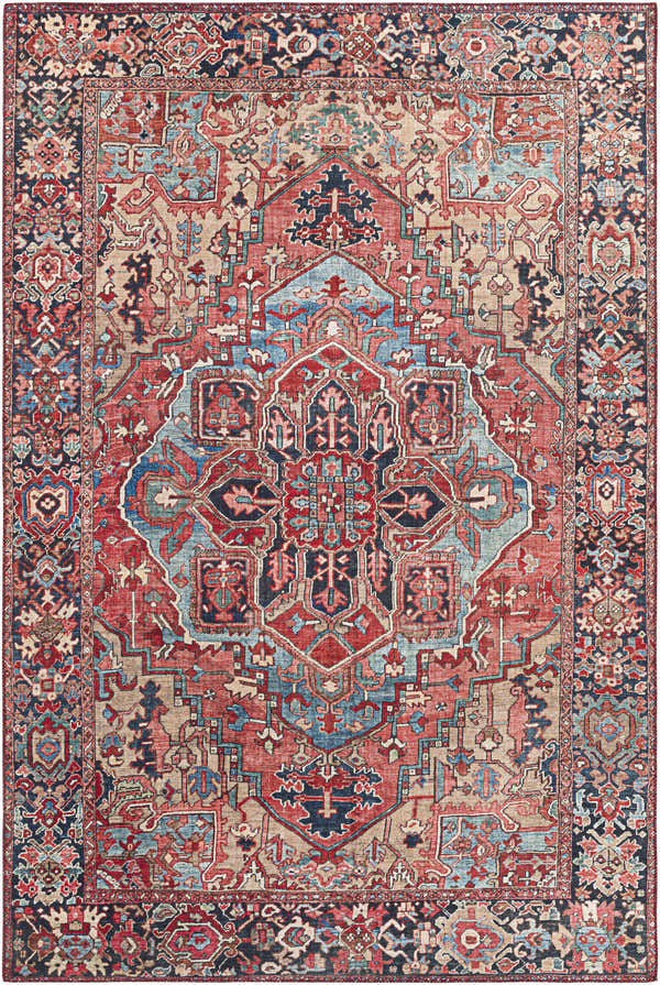 Detailed close-up of the Livabliss Iris IRS-2330 Area Rug. Traditional rug with beige, red, navy, and pale blue intricate patterns. Design-Rectangle-576