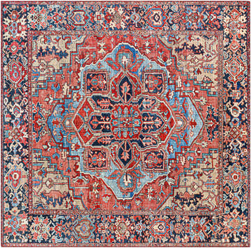 Detailed close-up of the Livabliss Iris IRS-2330 Area Rug. Traditional design with beige, red, navy, and pale blue colors. Design-Square-6