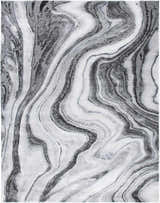 Close-up of the Itotia Marble Green Area Rug, featuring a swirling marble pattern in green, gray, off-white, and silver. Design-Rectangle