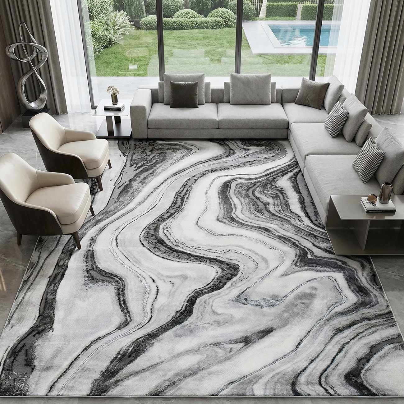 Living room with gray sectional and Itotia Marble Green Area Rug featuring a swirling marble design. Roomscene-Rectangle