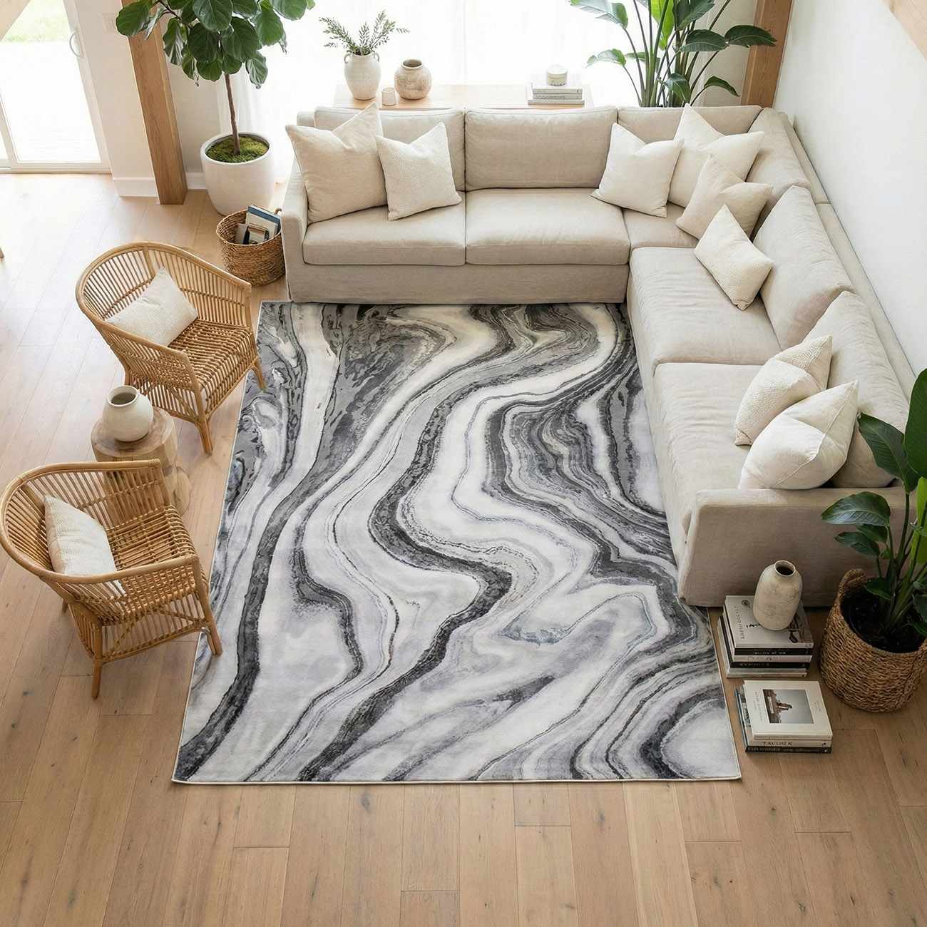 Living room scene with a neutral sofa and the Itotia Marble Green Area Rug featuring a swirling marble pattern. Roomscene-Rectangle