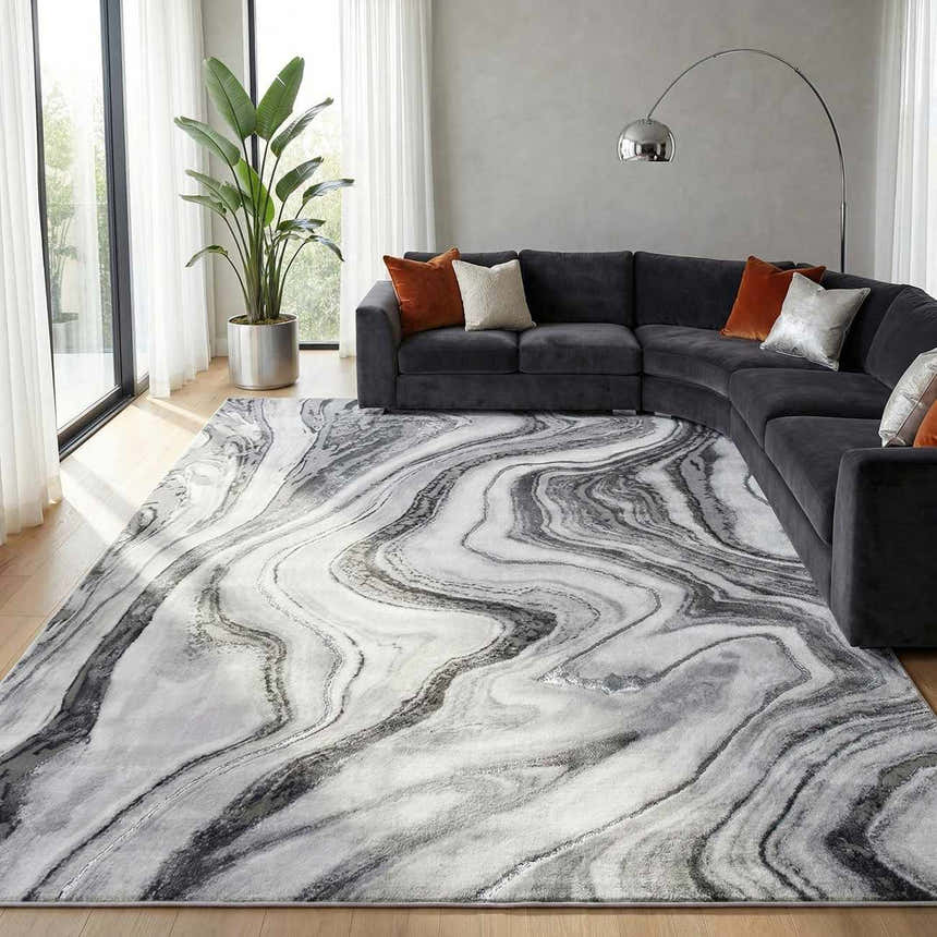 Living room scene with gray sectional and Itotia Marble Green Area Rug. Modern, bright space. Roomscene-Rectangle