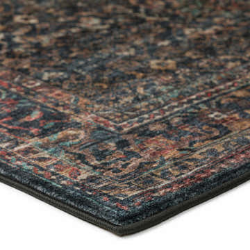 Close-up of Dalyn Indoor/Outdoor Jericho JC10 Midnight Area Rug. Traditional design in black, brown, gold, and spice tones.