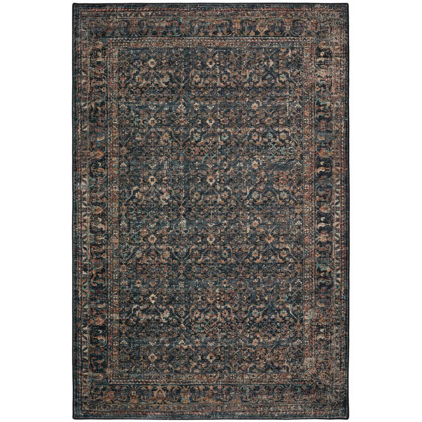 Close-up of the Dalyn Indoor/Outdoor Jericho JC10 Midnight Area Rug. Features black, brown, gold, and spice colors with a traditional pattern.
