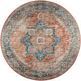 Detailed round Dalyn Jericho JC2 Spice Area Rug with a traditional light brown, paprika, and teal pattern.