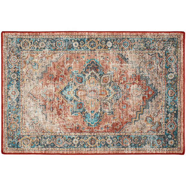Detailed view of the Dalyn Jericho JC2 Spice Area Rug with light brown, paprika, and teal traditional design.