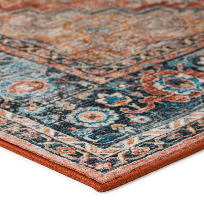Close-up of Dalyn Jericho JC2 Spice Area Rug. Traditional floral pattern in light brown, paprika, spice, taupe, and teal.