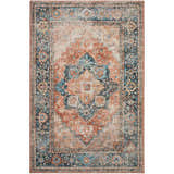 Detailed view of the Dalyn Jericho JC2 Spice Area Rug with a traditional light brown, paprika, and teal pattern.