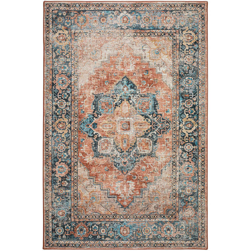 Detailed view of the Dalyn Jericho JC2 Spice Area Rug with a traditional light brown, paprika, and teal pattern.