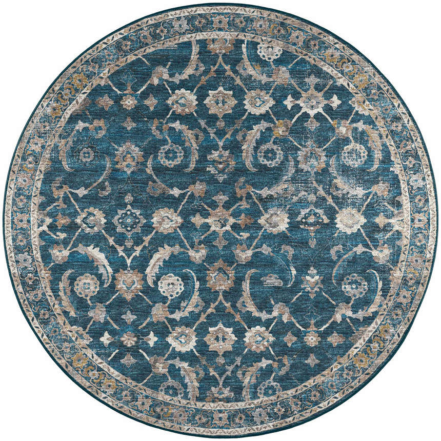 Close-up of round Dalyn Jericho JC4 Navy area rug. Features a traditional floral pattern in navy, brown, and gold.