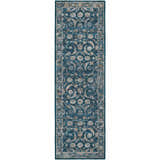 Close-up of a Dalyn Jericho JC4 Navy Area Rug runner featuring a traditional floral pattern in navy, brown, and gold.