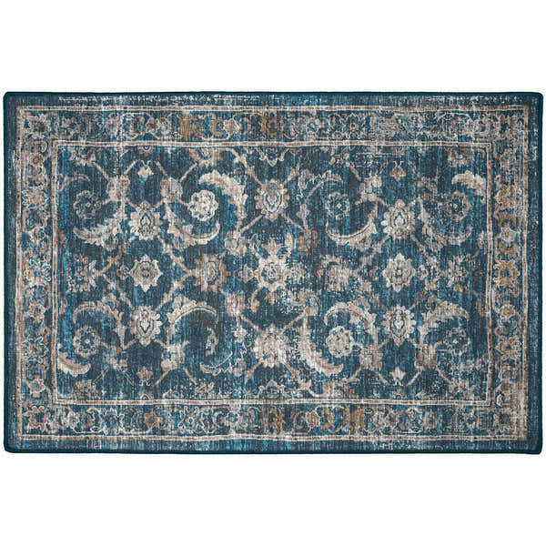 Close-up of the Dalyn Indoor/Outdoor Jericho JC4 Navy Area Rug. Features a traditional floral pattern in navy, brown, and gold tones.