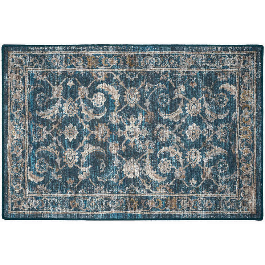 Close-up of the Dalyn Indoor/Outdoor Jericho JC4 Navy Area Rug. Features a traditional floral pattern in navy, brown, and gold tones.