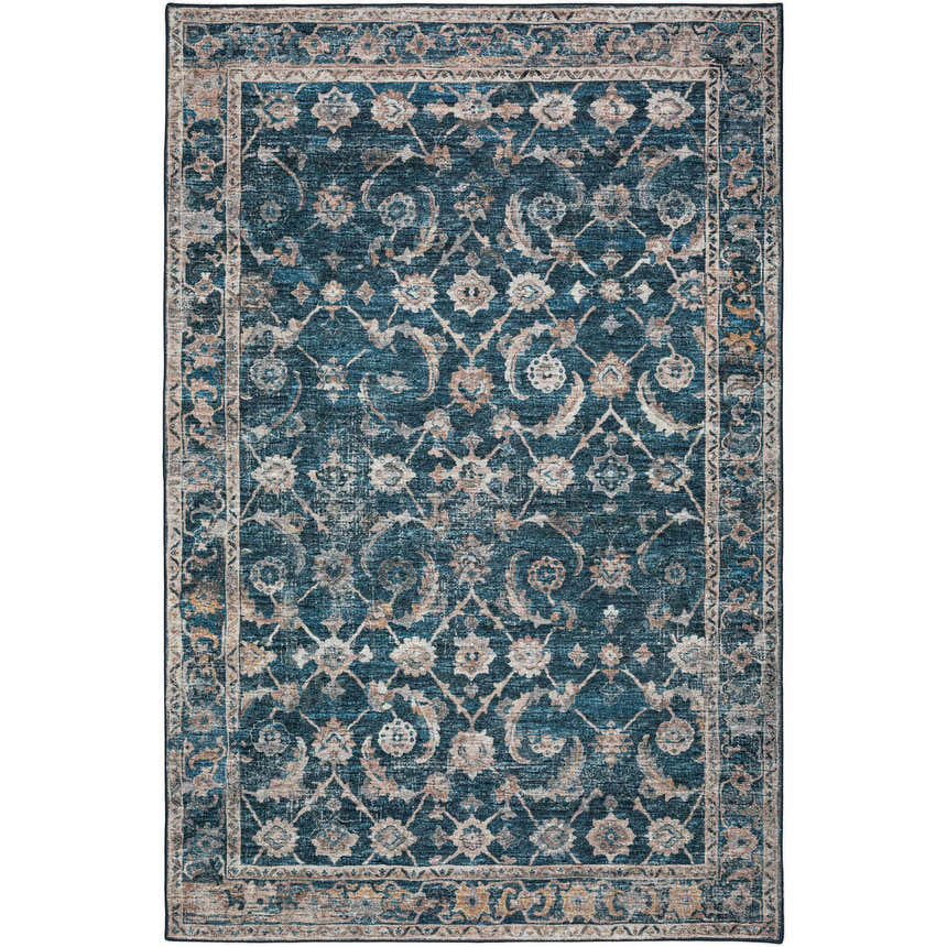 Detailed Jericho JC4 Navy Area Rug with traditional floral pattern in denim, brown, and gold tones.