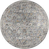 Close-up of round Dalyn Jericho JC4 Silver Area Rug. Farmhouse style with chestnut, gold, and silver gray floral pattern.