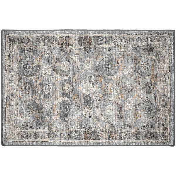 Close-up of the Dalyn Indoor/Outdoor Jericho JC4 Silver Area Rug. Farmhouse style rug with chestnut, gold, silver gray, and taupe colors.