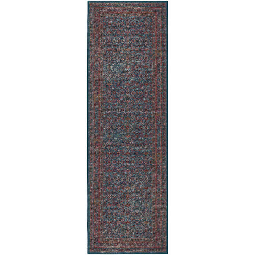 Dalyn Jericho JC7 Navy runner rug. Traditional floral pattern in navy, red, gold, and taupe. Indoor/outdoor rug.