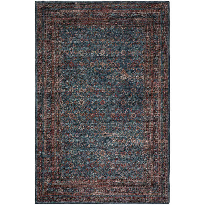 Detailed Jericho JC7 Navy Area Rug with a traditional floral pattern in navy, red, taupe, and gold.