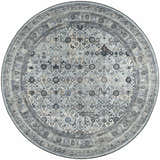 Close-up of a round Dalyn Indoor/Outdoor Jericho JC7 Pewter Area Rug with a traditional floral pattern in black, gray, and taupe.