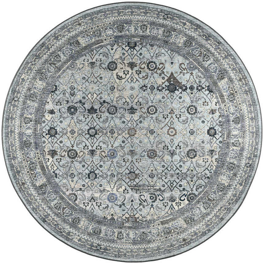 Close-up of a round Dalyn Indoor/Outdoor Jericho JC7 Pewter Area Rug with a traditional floral pattern in black, gray, and taupe.