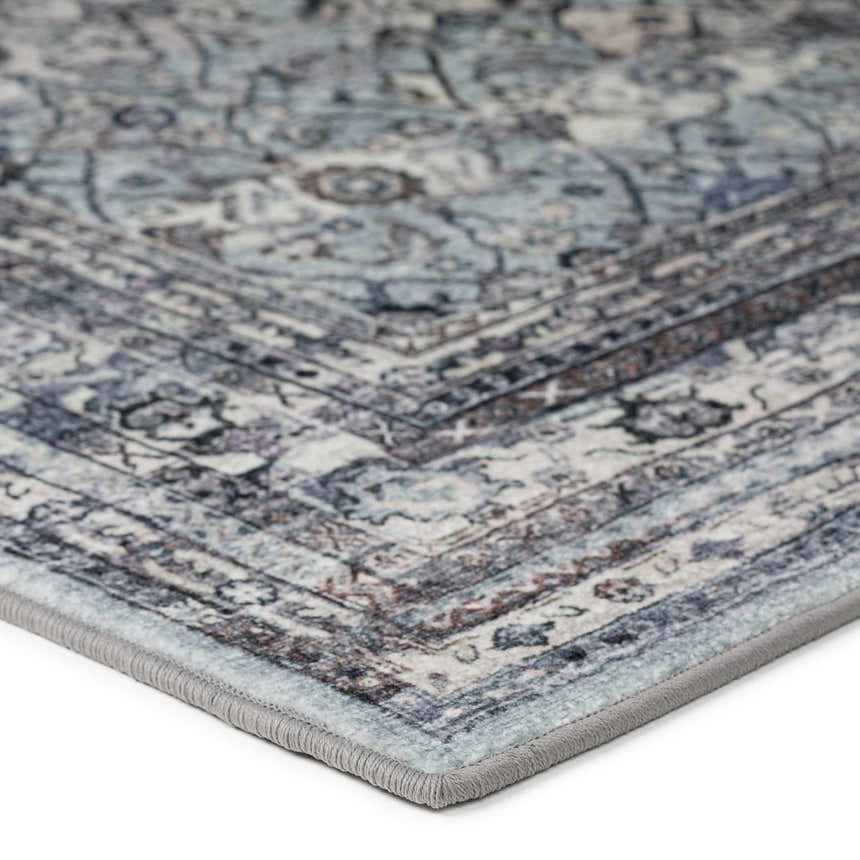 Close up of the Dalyn Jericho JC7 Pewter Area Rug showing its farmhouse style pattern and gray border.