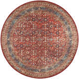 Close-up of the round Dalyn Indoor/Outdoor Jericho JC7 Scarlett Area Rug with a traditional floral pattern in red, gold, and blue.