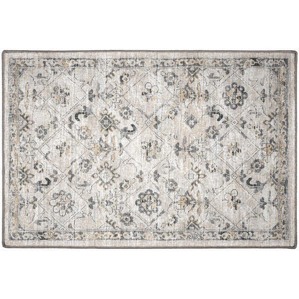 Close-up of the Dalyn Indoor/Outdoor Jericho JC8 Mink Area Rug. Farmhouse style rug with chestnut, gold, mink, and taupe floral pattern.