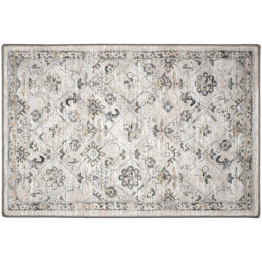 Close-up of the Dalyn Indoor/Outdoor Jericho JC8 Mink Area Rug. Farmhouse style rug with chestnut, gold, mink, and taupe floral pattern.