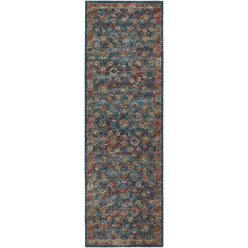 Detailed Jericho JC8 Navy Area Rug runner with gold, spice, and teal traditional farmhouse pattern.