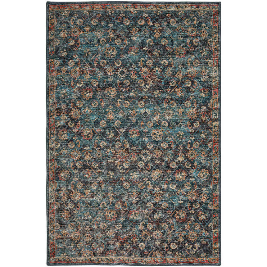 Close-up of the Dalyn Indoor/Outdoor Jericho JC8 Navy Area Rug. Features a traditional floral pattern in navy, gold, spice, and teal.
