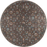 Close-up of round Dalyn Indoor/Outdoor Jericho JC8 Sable Area Rug. Features a brown, denim, and sable floral pattern.