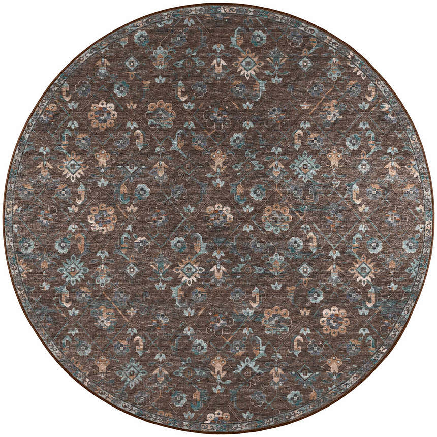 Close-up of round Dalyn Indoor/Outdoor Jericho JC8 Sable Area Rug. Features a brown, denim, and sable floral pattern.