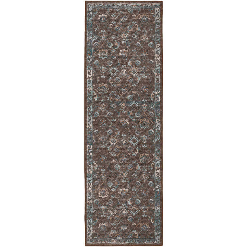 Close-up of a Dalyn Jericho JC8 Sable runner rug. Brown rug with a traditional floral pattern in sable, denim, and light brown.