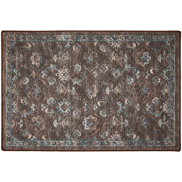 Close-up of the Dalyn Indoor/Outdoor Jericho JC8 Sable Area Rug. Brown rug with denim, sable, and light brown floral pattern.
