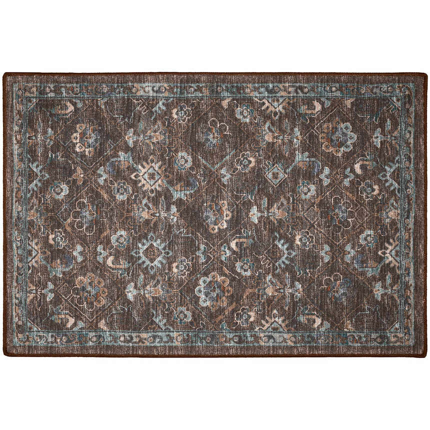 Close-up of the Dalyn Indoor/Outdoor Jericho JC8 Sable Area Rug. Brown rug with denim, sable, and light brown floral pattern.