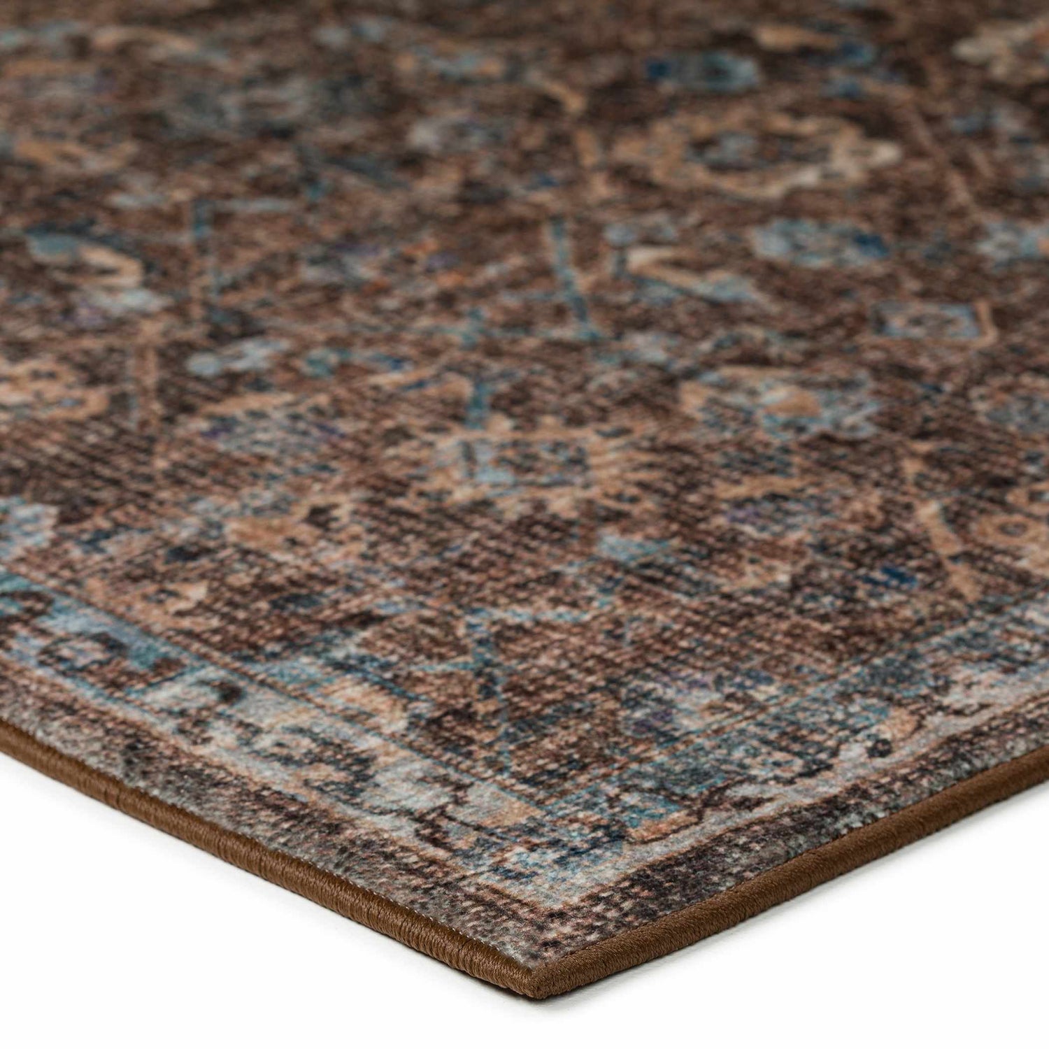 Close-up of the Dalyn Indoor/Outdoor Jericho JC8 Sable Area Rug showing its brown, sable, and denim traditional pattern.
