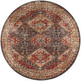 Round Dalyn Jericho JC9 Canyon area rug with traditional diamond and floral pattern in brown, paprika, spice, and teal.