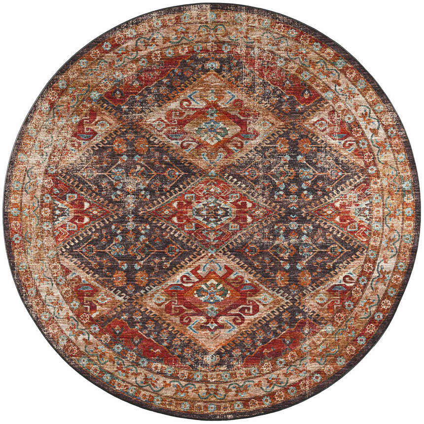 Round Dalyn Jericho JC9 Canyon area rug with traditional diamond and floral pattern in brown, paprika, spice, and teal.